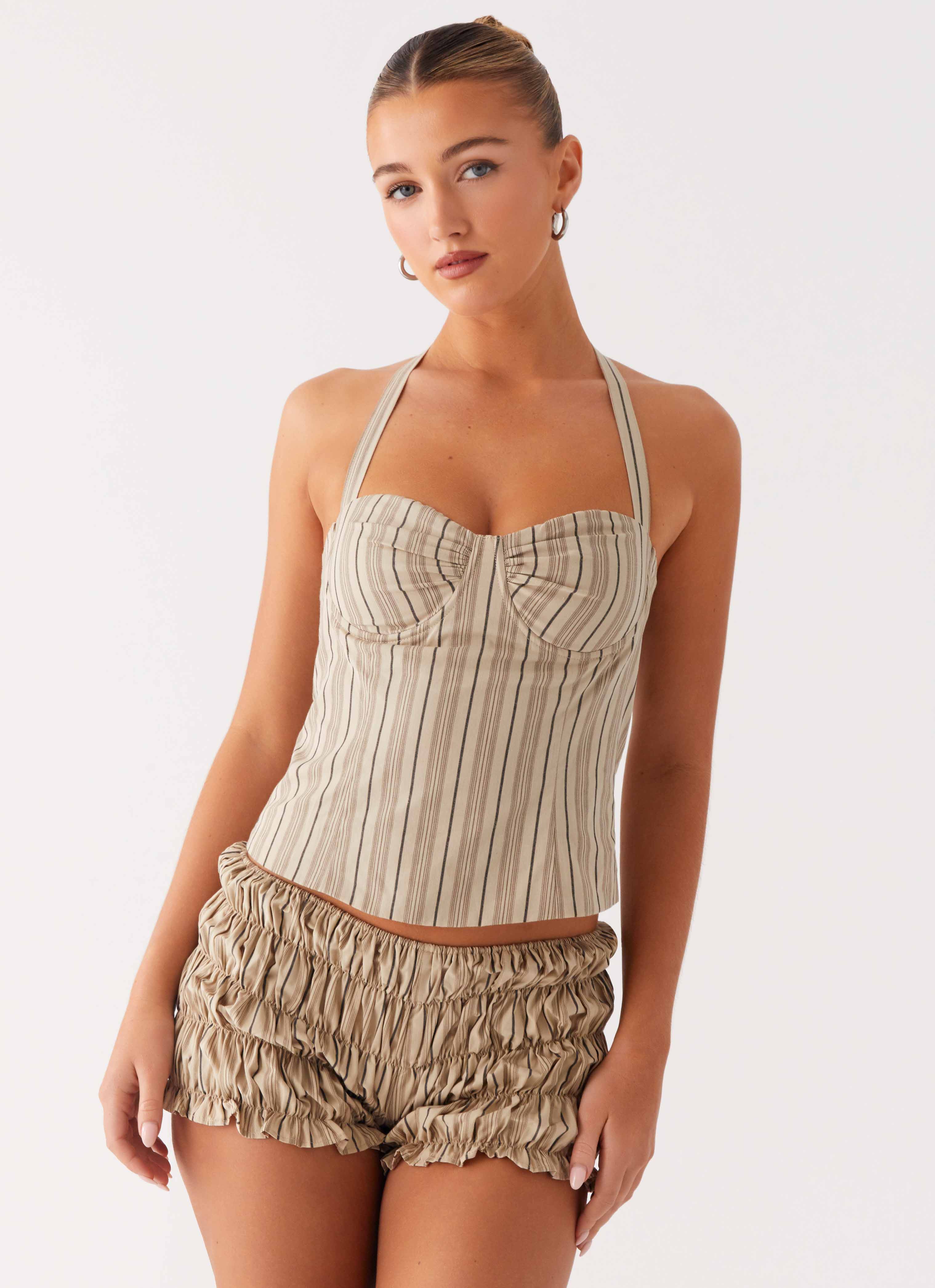 Girls Like Us Ruched Mini Shorts - Oatmeal Stripe